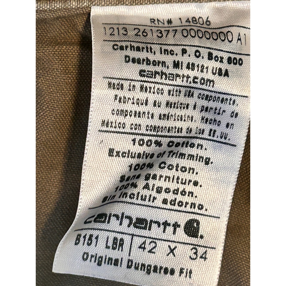 Carhartt 1213 261377 A1 8181 LBR Khaki Dungaree Fit Work Pants Mens 42x34 - Picture 3 of 6